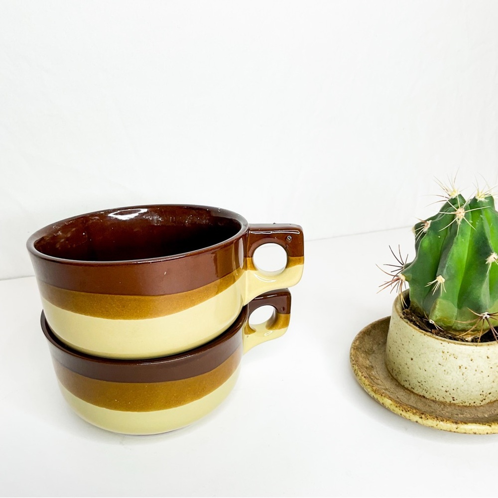 70s Japan Midcentury Modern Brown and Cream Ceramic Mugs Set